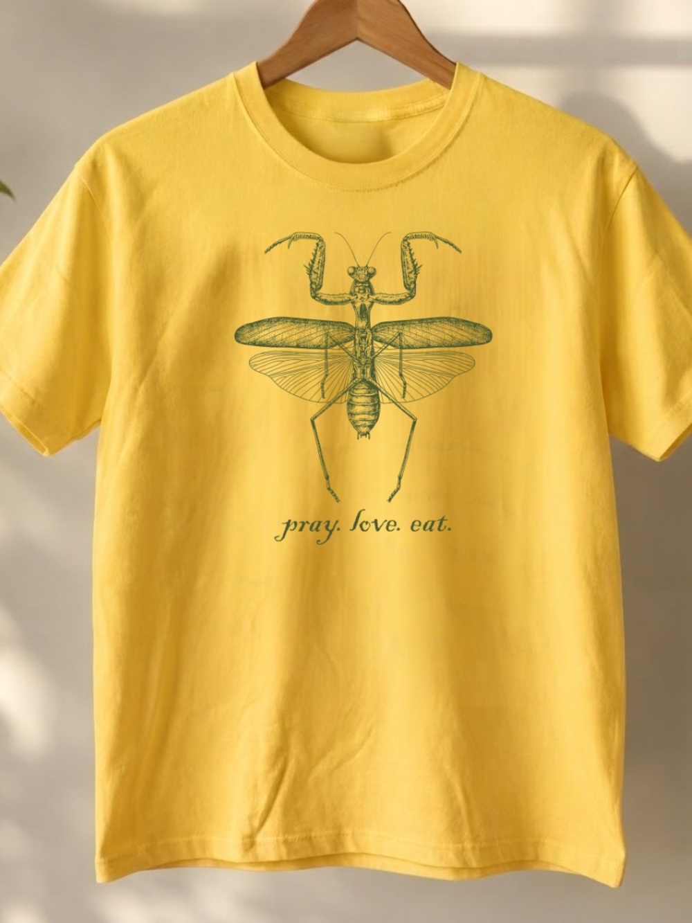 Gildan gold Short Sleeve Tee with Green Praying Mantis Graphic